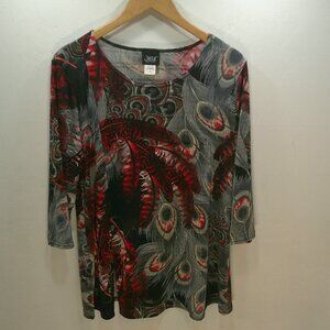 Jostar USA Red Peacock Feather Gray Stretchy Comfort Relaxed Fit Tunic Size XL